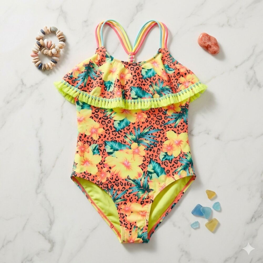 Breaking Waves Girls One Piece Swimsuit Floral Animal Print with Fringe Size 12